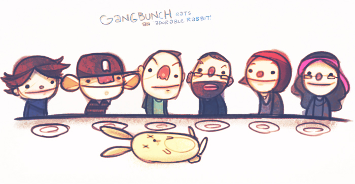 michaelfirman:Had a great time at TCAF hanging out with the ol’ Gangbunch!  Tauhid, you at least made some digital appearances (Nic propped up a portrait of you on her ipad during one of our meals).We ate an adorable rabbit.  It died probably from being killed.  And then we put it into our mouths.Look at all these friends.One of the friends is me.
